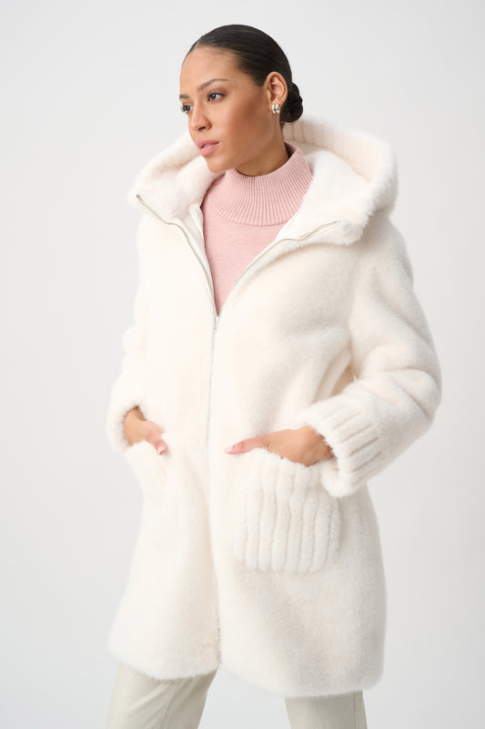 Plush Hooded Mid-Length Coat with Ribbed Details