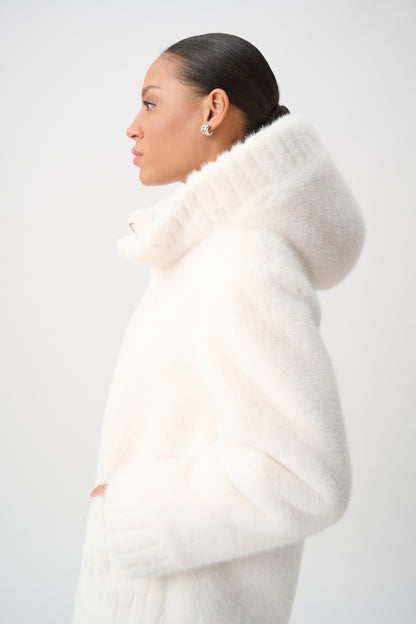 Plush Hooded Mid-Length Coat with Ribbed Details