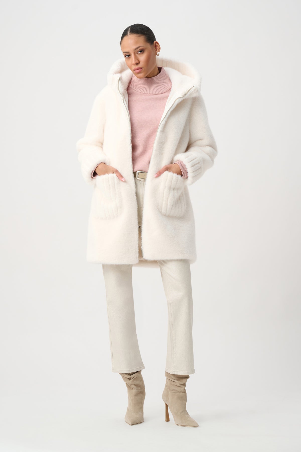 Plush Hooded Mid-Length Coat with Ribbed Details