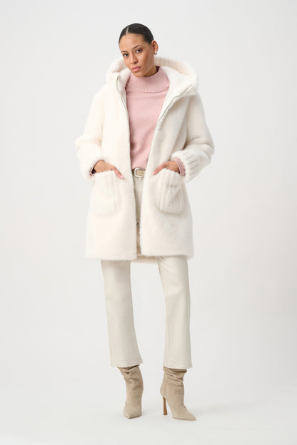 Plush Hooded Mid-Length Coat with Ribbed Details