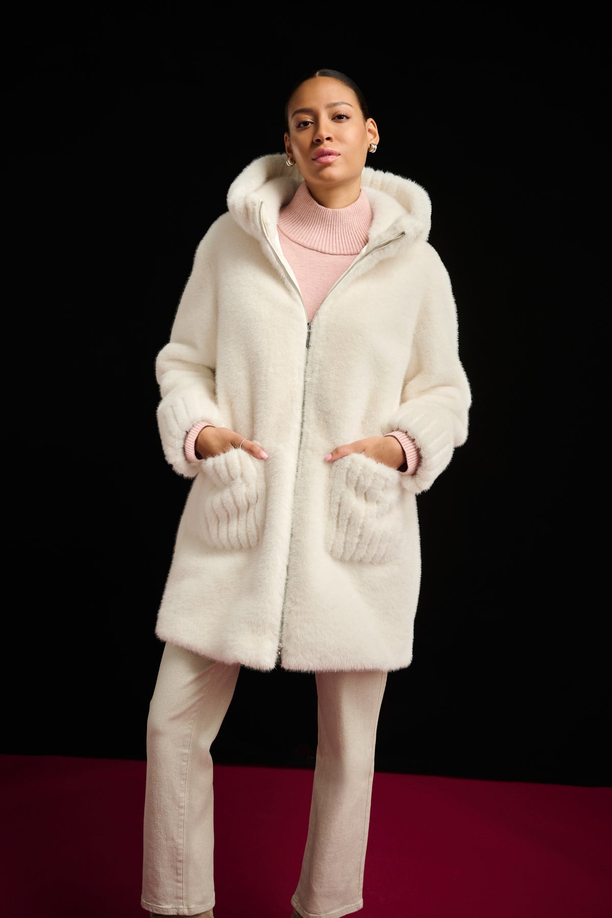 Plush Hooded Mid-Length Coat with Ribbed Details