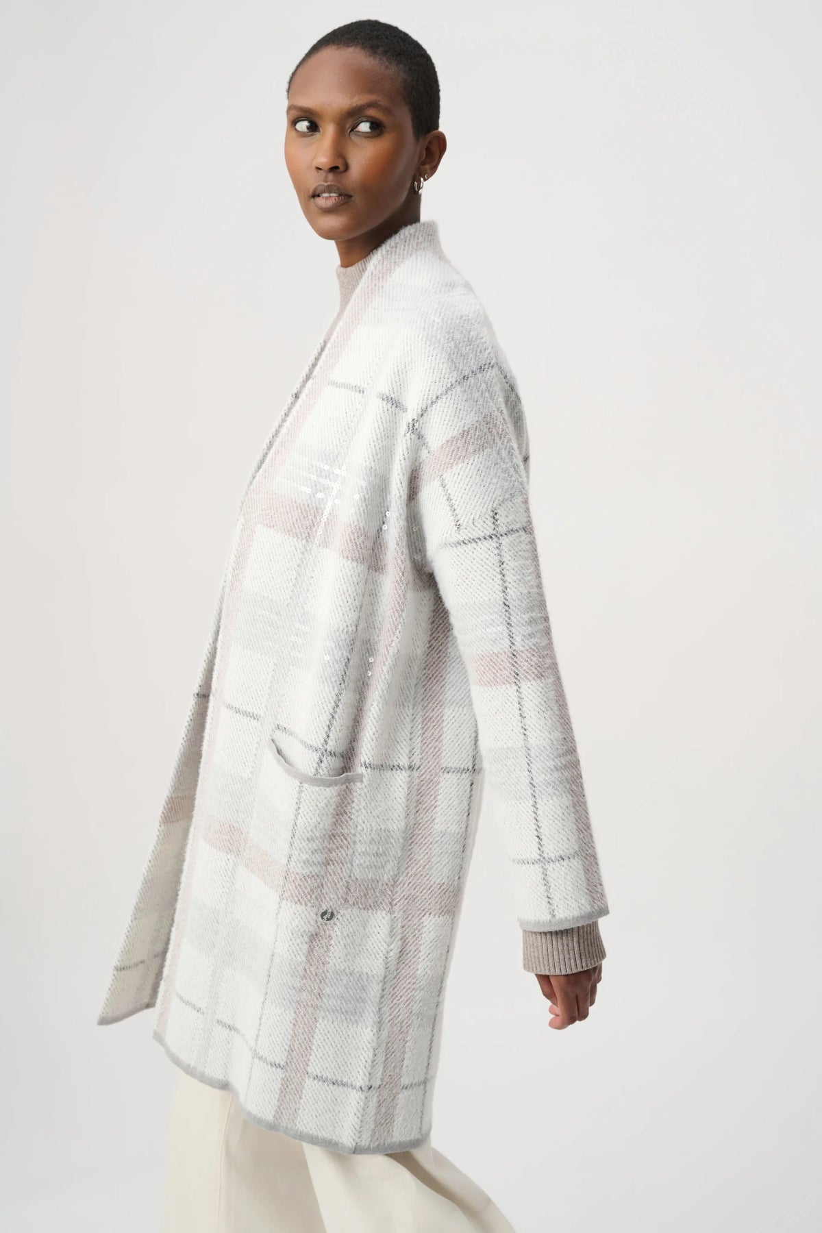 Sequin Feather Yarn Check Sweater Coat
