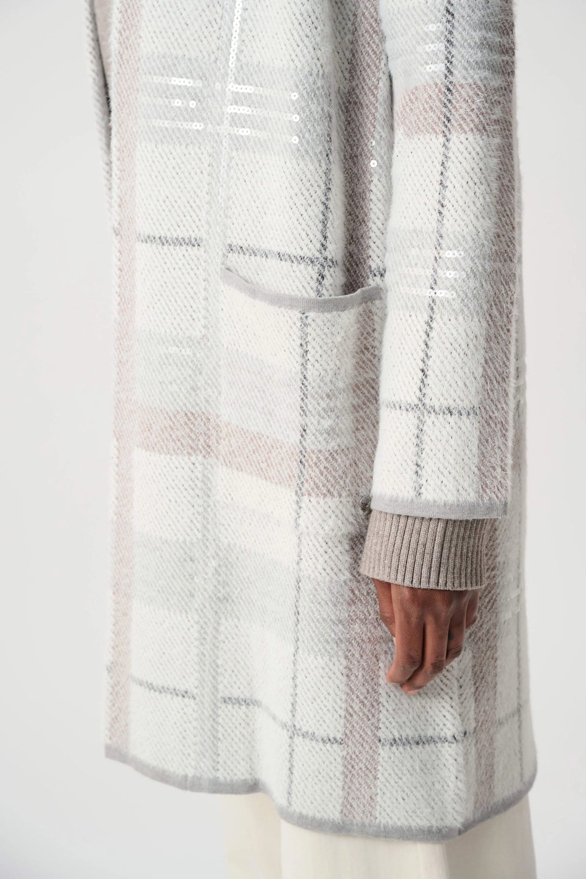 Sequin Feather Yarn Check Sweater Coat