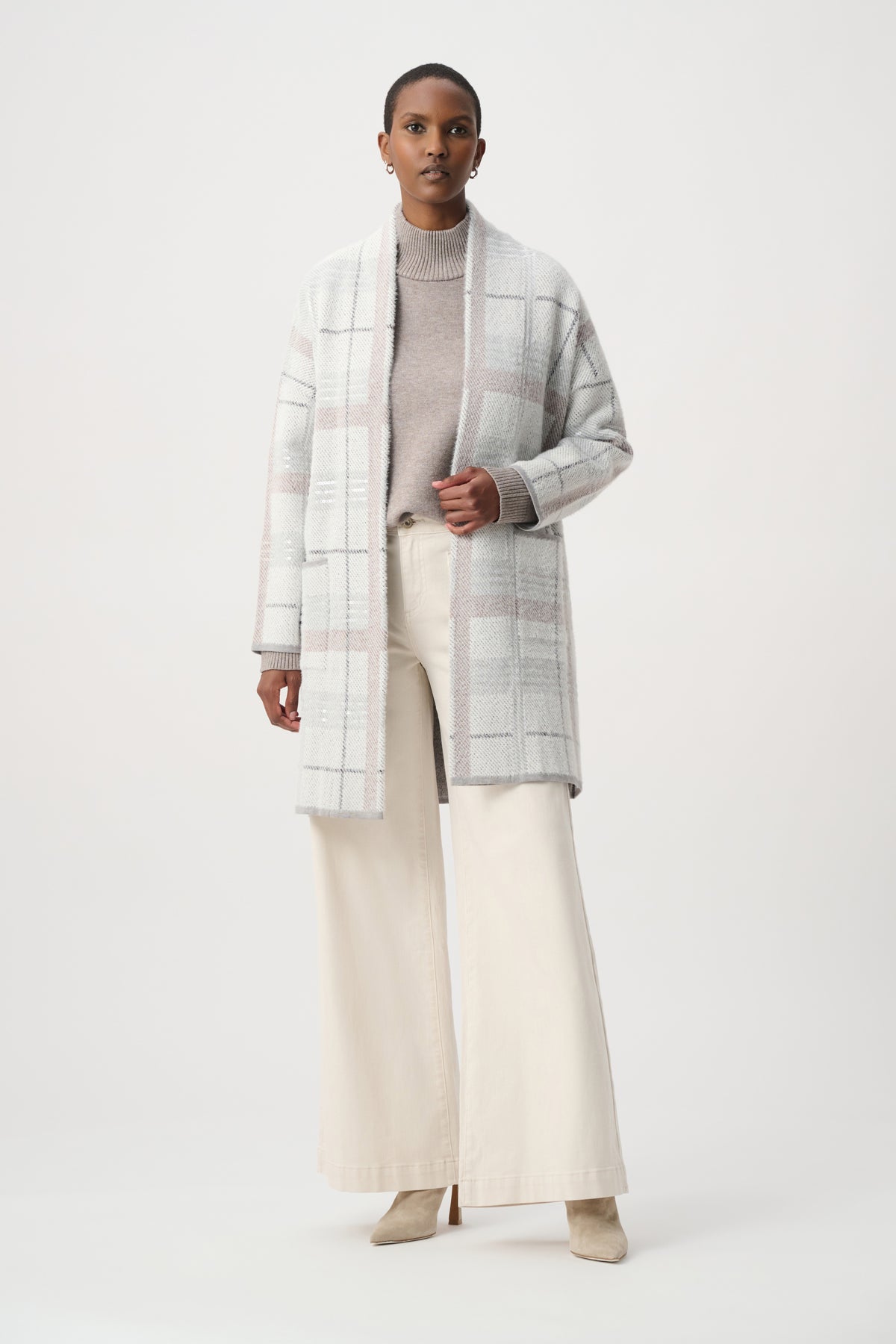 Sequin Feather Yarn Check Sweater Coat