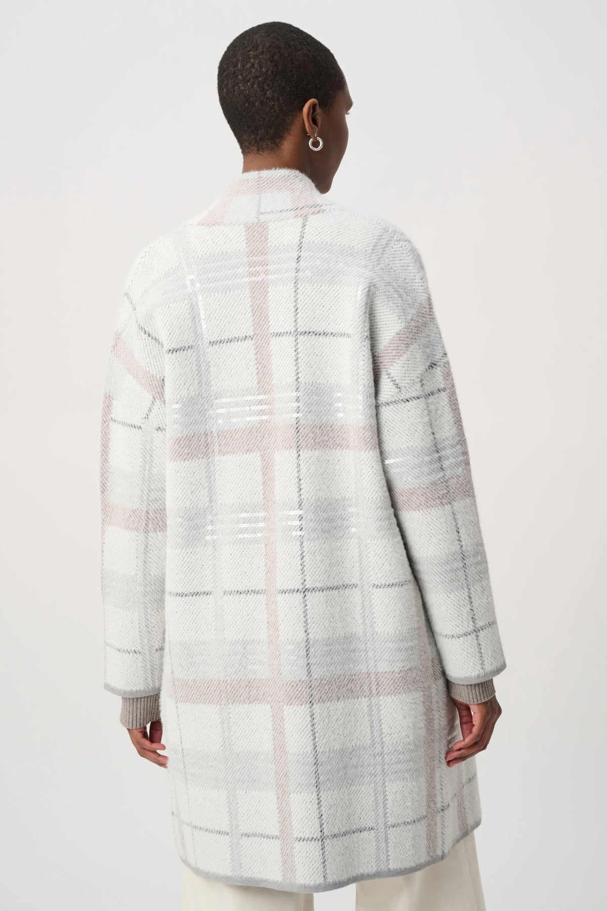 Sequin Feather Yarn Check Sweater Coat
