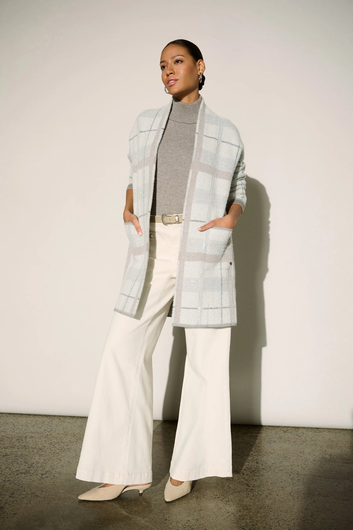 Sequin Feather Yarn Check Sweater Coat