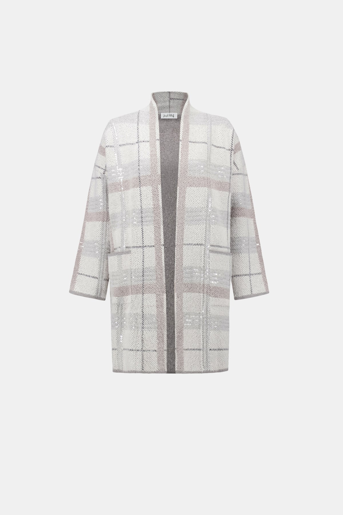 Sequin Feather Yarn Check Sweater Coat