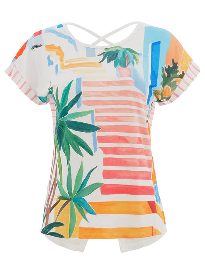Dolcezza Palm Tree Print Crossover Back Top