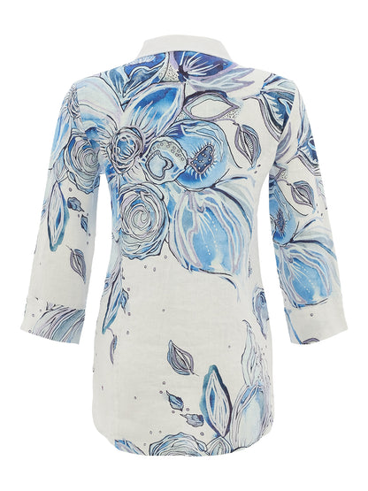 Blue Flowers Printed Linen Shirt - Lucindas on-line