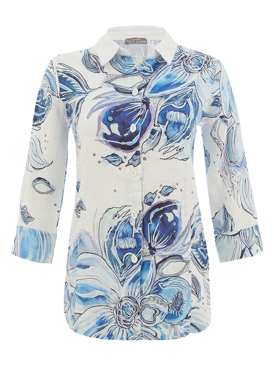 Dolcezza Blue Flowers Printed Linen Shirt