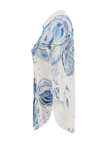 Blue Flowers Printed Linen Shirt - Lucindas on-line