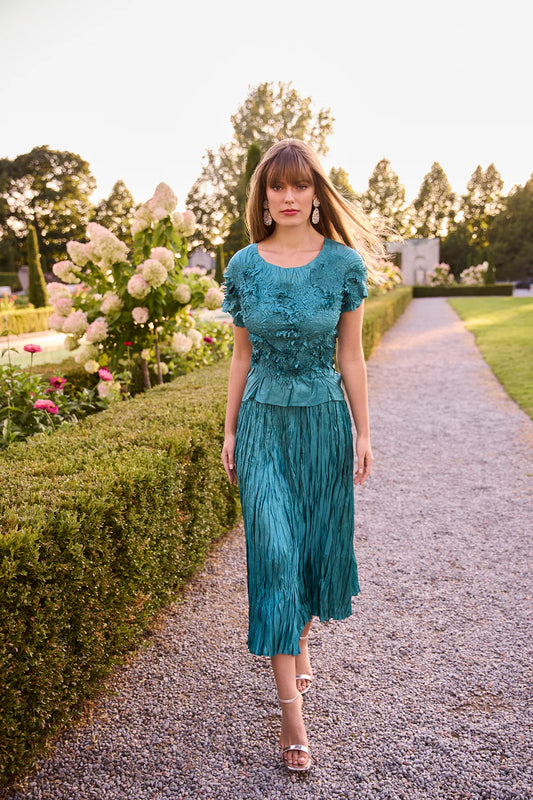 Frank Lyman Crinkle Teal Top & Skirt Set