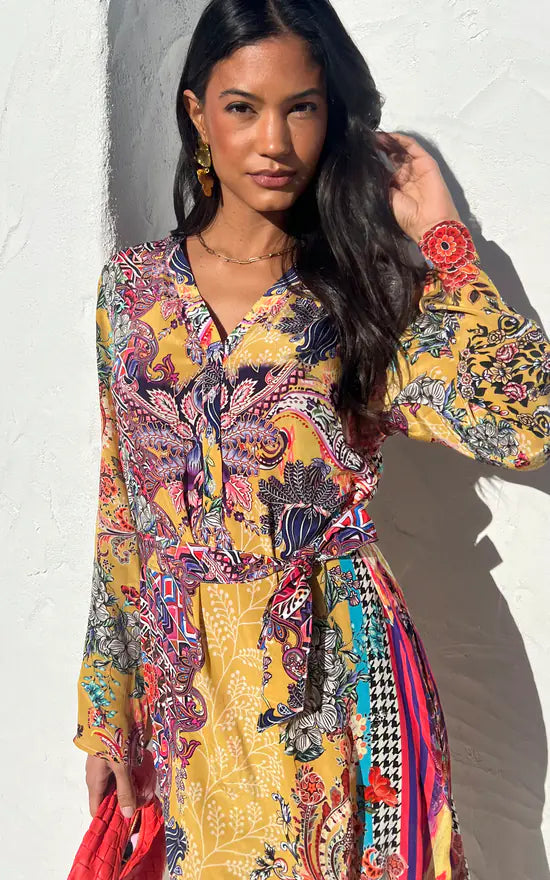 Ochre Mixed Print Crepe Long Sleeve Dress M