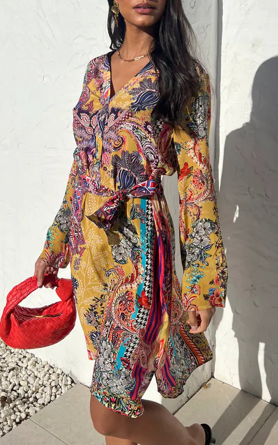 Ochre Mixed Print Crepe Long Sleeve Dress