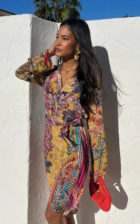 Ochre Mixed Print Crepe Long Sleeve Dress
