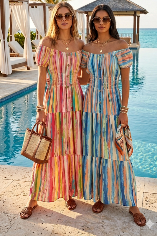 Multi-Stripe Off-the-Shoulder Maxi Dress with Pockets