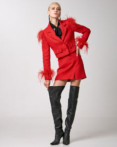 Red Cropped Tweed Blazer with Feathers 34-1002