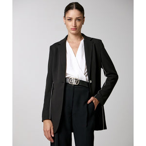 Black Single-button Blazer with white piping details 34-1046