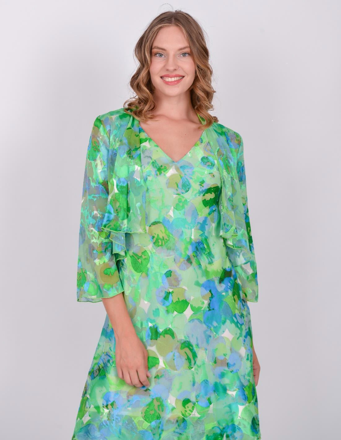 Printed Pure Silk Tiered Dress with Bolero 4111