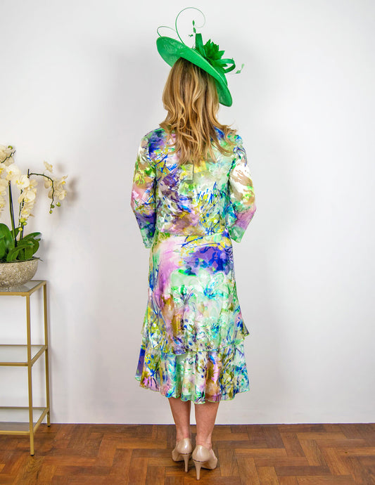 Printed Pure Silk Tiered Dress with Bolero 4111