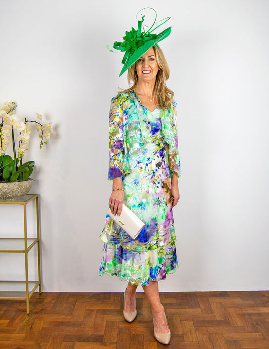 Printed Pure Silk Tiered Dress with Bolero 4111