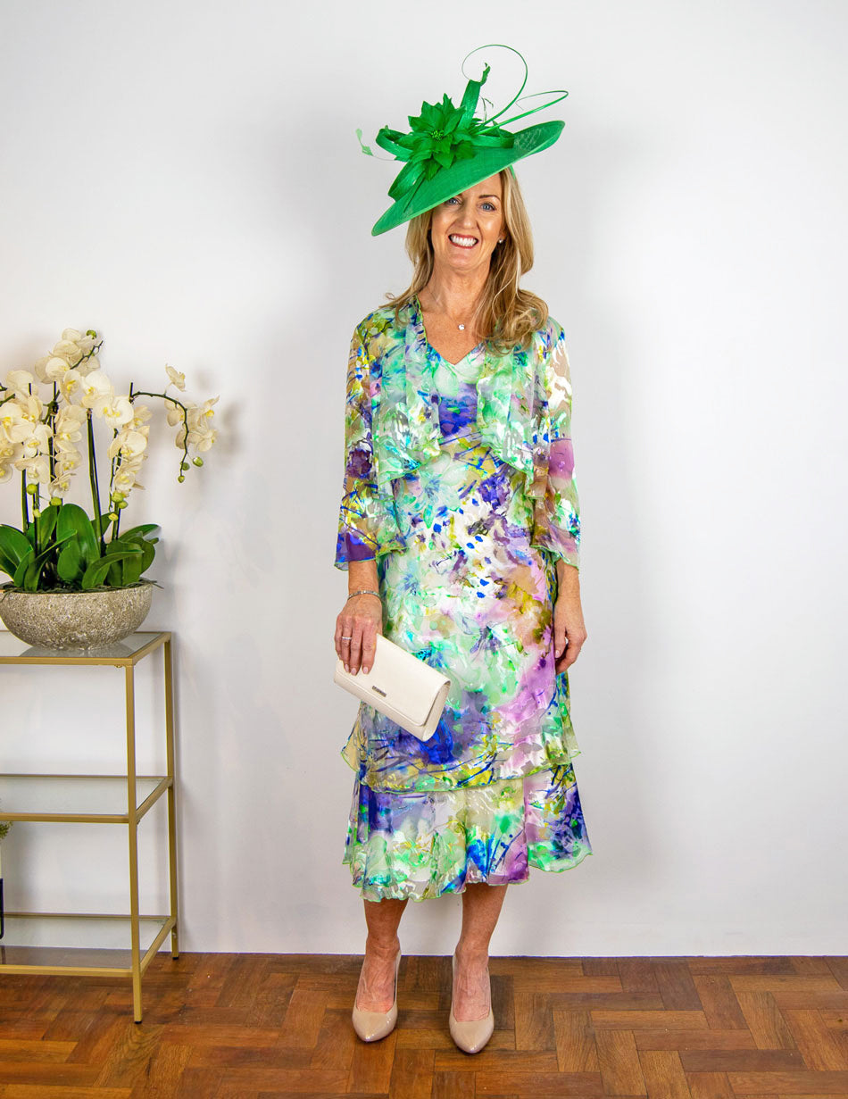 Printed Pure Silk Tiered Dress with Bolero 4111