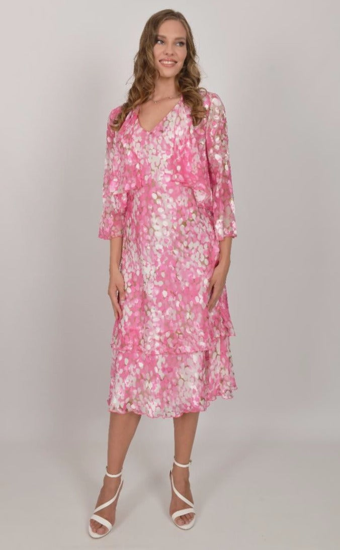 Pink Pure Silk Tiered Dress with Bolero 4111