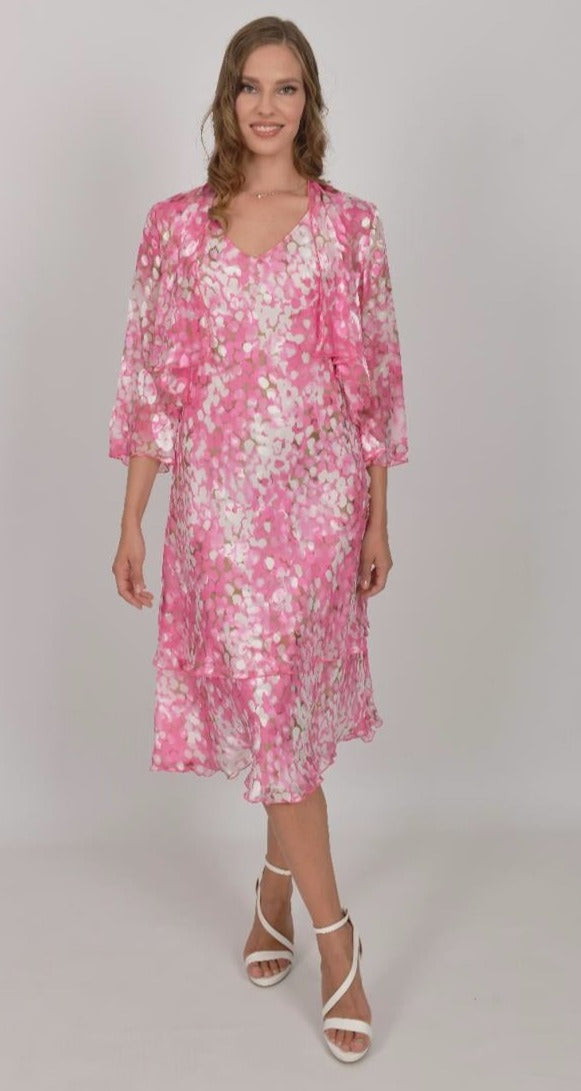 Pink Pure Silk Tiered Dress with Bolero 4111