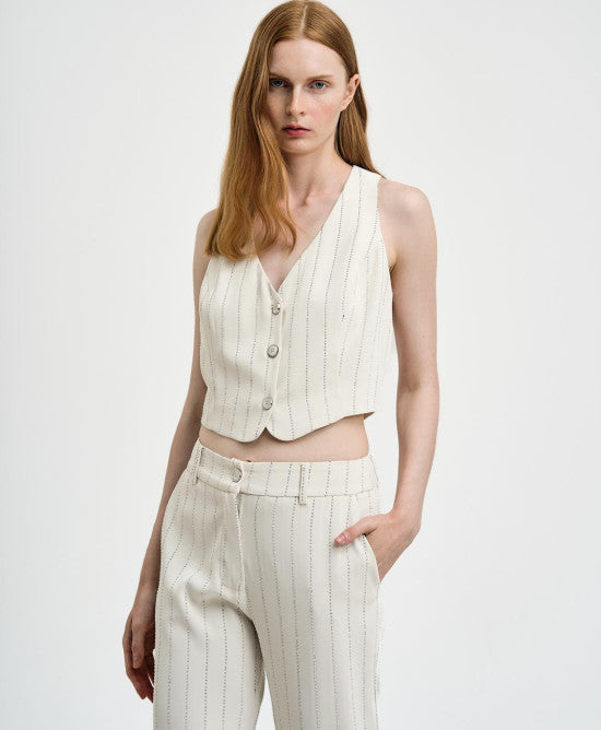 Offwhite Gilet with Rhinestone Stripes 43-2249