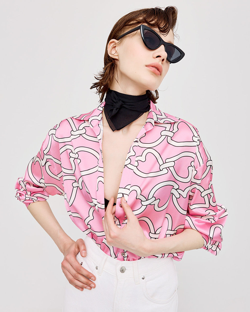 Heart Printed Satin Shirt 43-7057