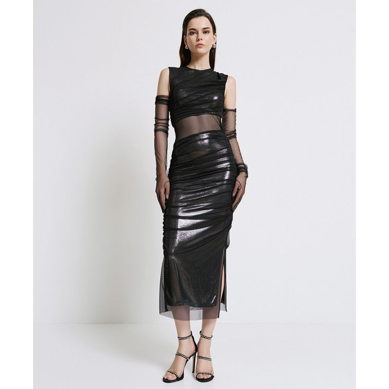 Ruched Metallic Dress with Tulle 44-3302