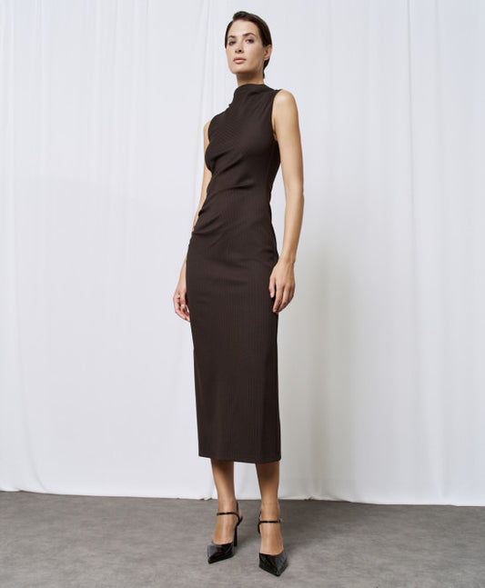 Coffee Striped Dress with Gatherings 44-3312