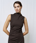 Load image into Gallery viewer, Coffee Striped Dress with Gatherings 44-3312
