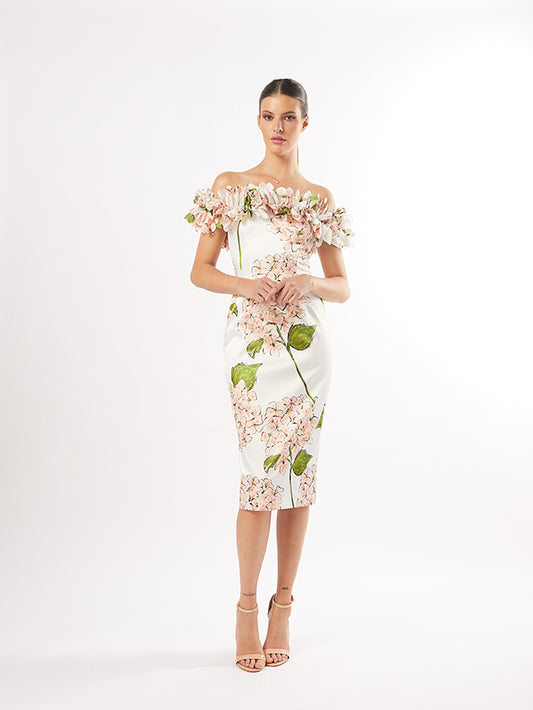 Carla Ruiz Floral Print Taffeta Off-Shoulder Dress
