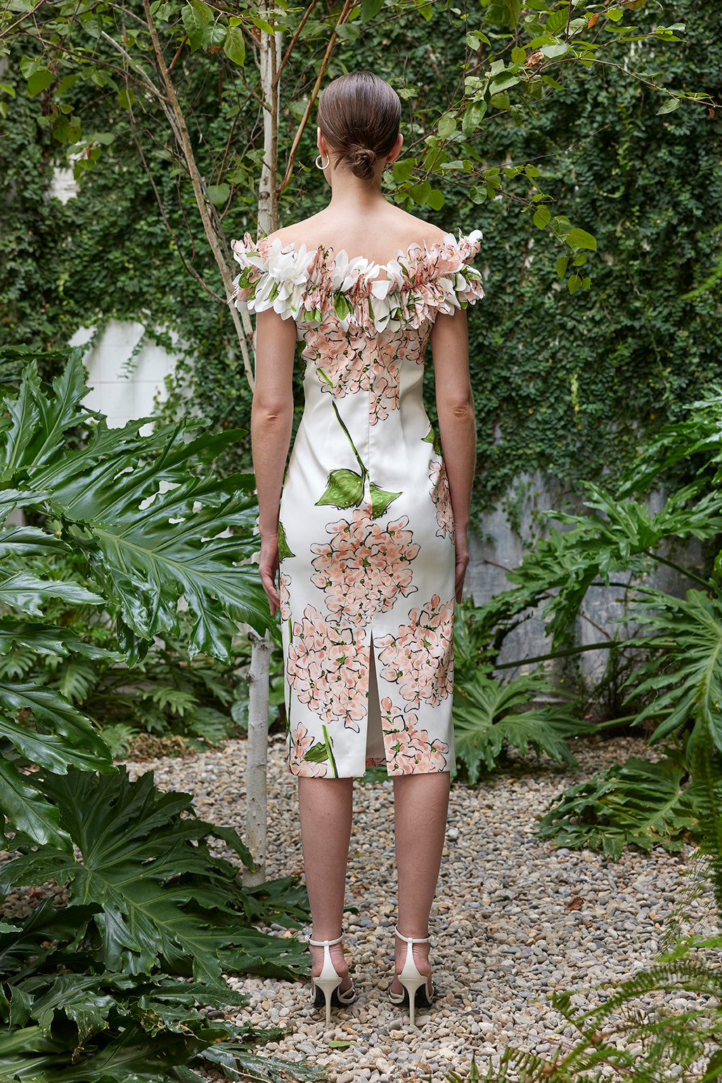 Carla Ruiz Floral Print Taffeta Off-Shoulder Dress