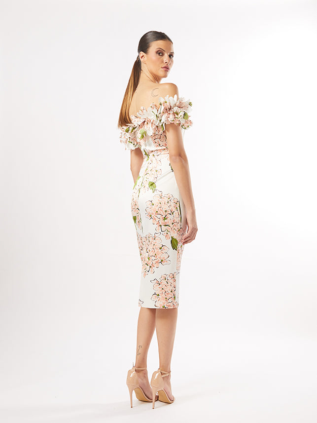 Carla Ruiz Floral Print Taffeta Off-Shoulder Dress