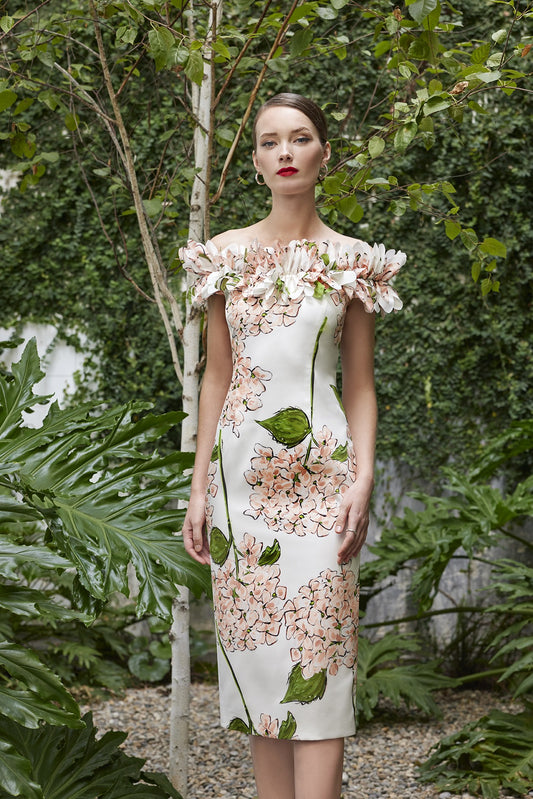 Carla Ruiz Floral Print Taffeta Off-Shoulder Dress