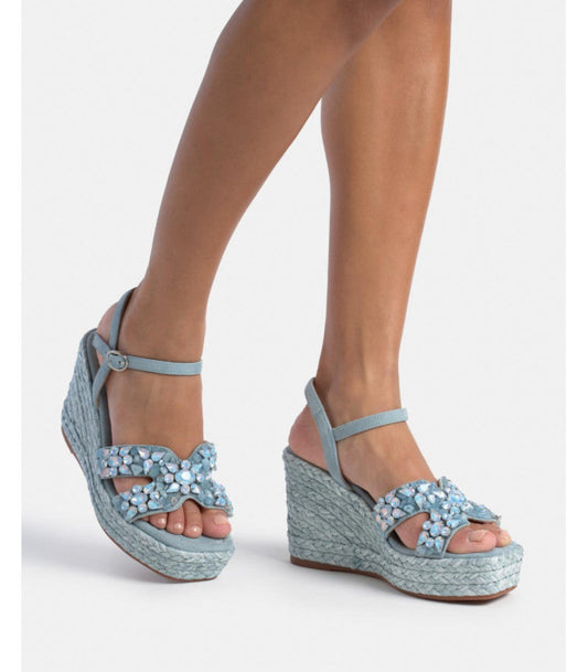 Blue Raffia Rapped Wedge Sandal with Stones