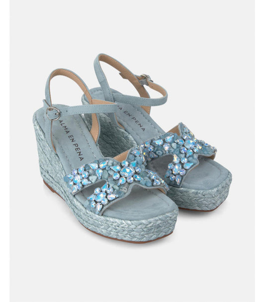 Blue Raffia Rapped Wedge Sandal with Stones
