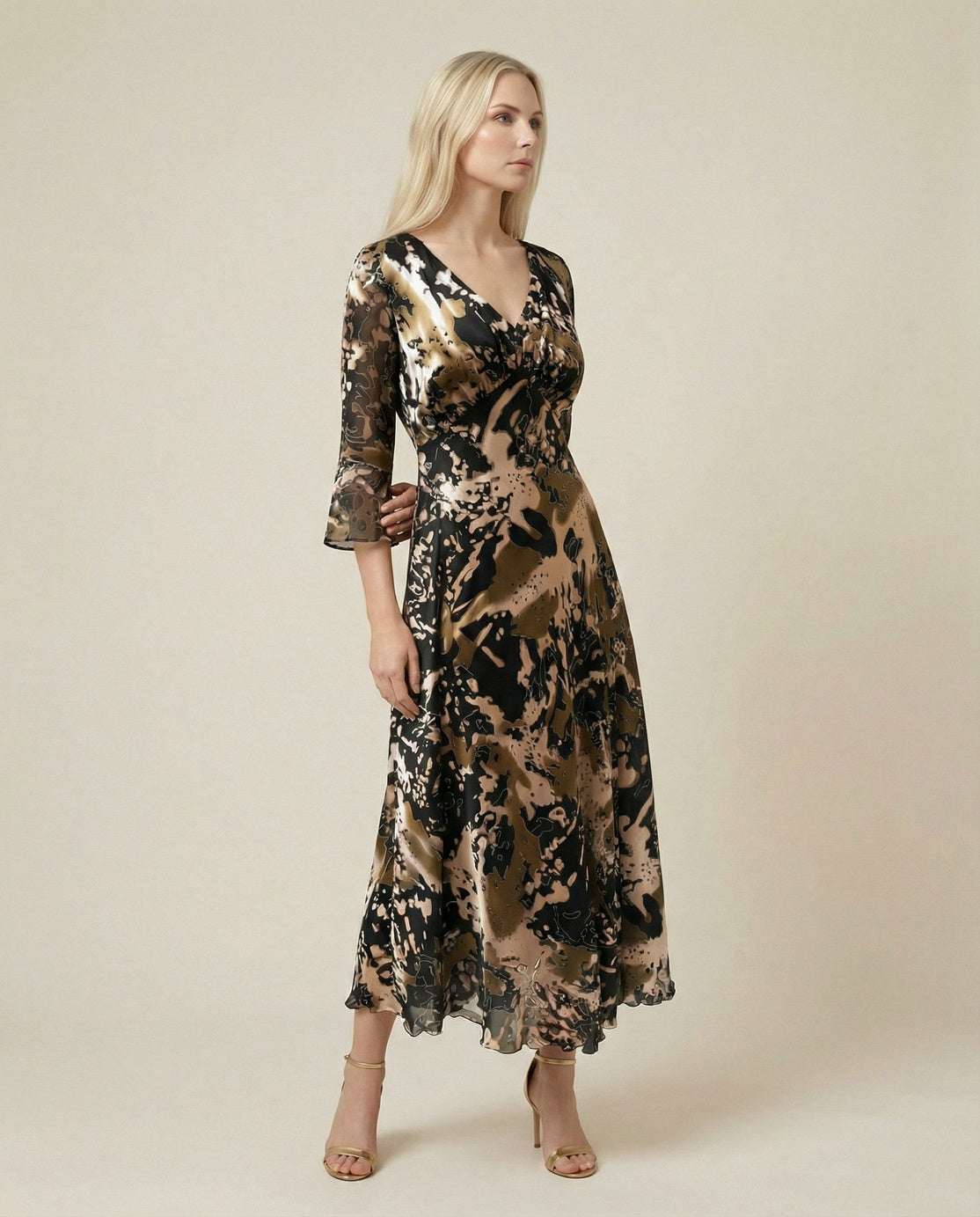 Gilded Elegance Silk A-Line Midi Dress