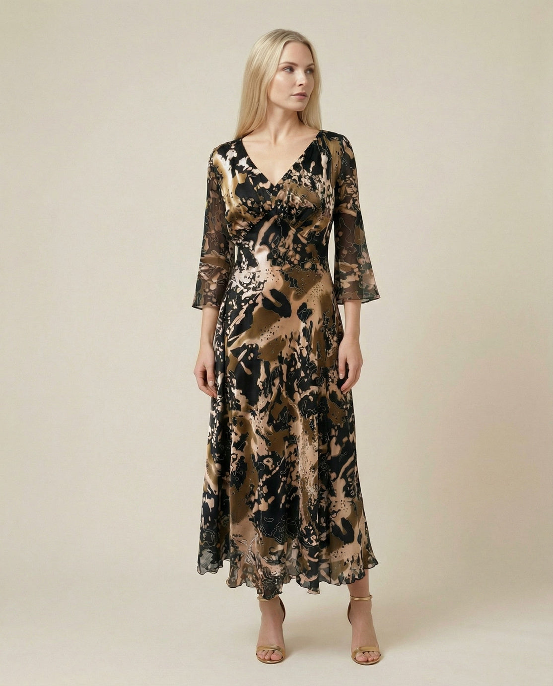Gilded Elegance Silk A-Line Midi Dress