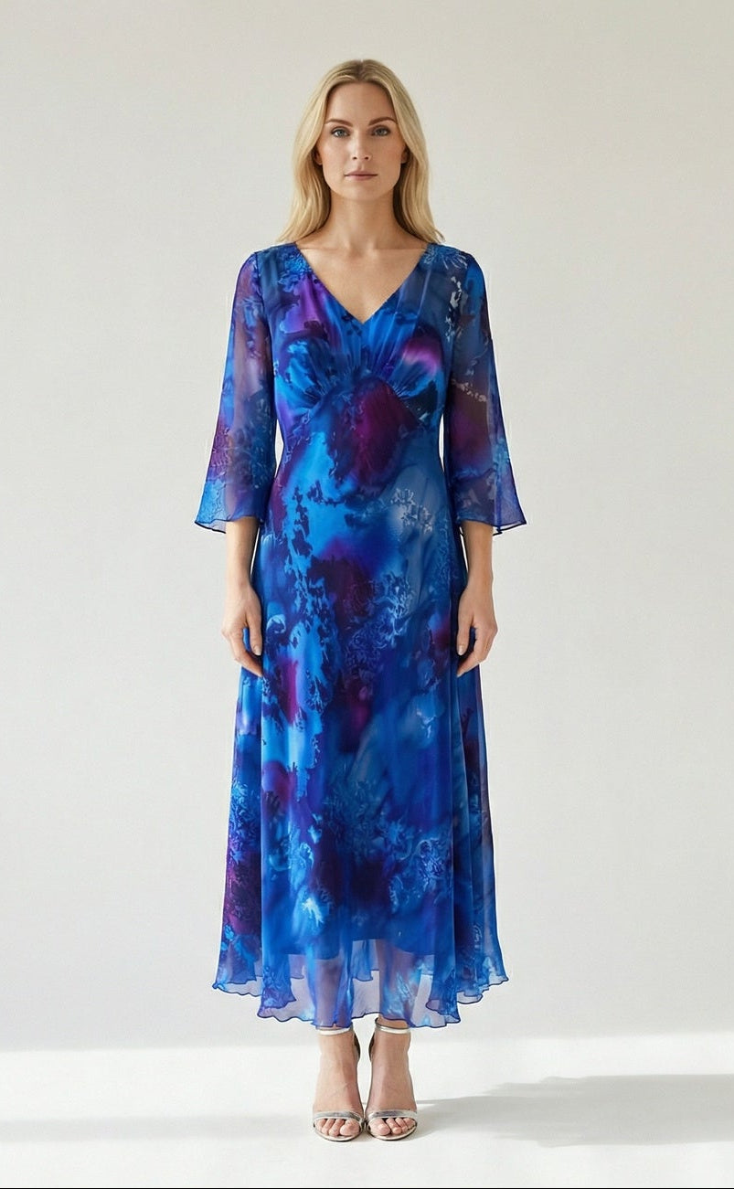 Midnight Watercolor Silk A-Line Maxi Dress
