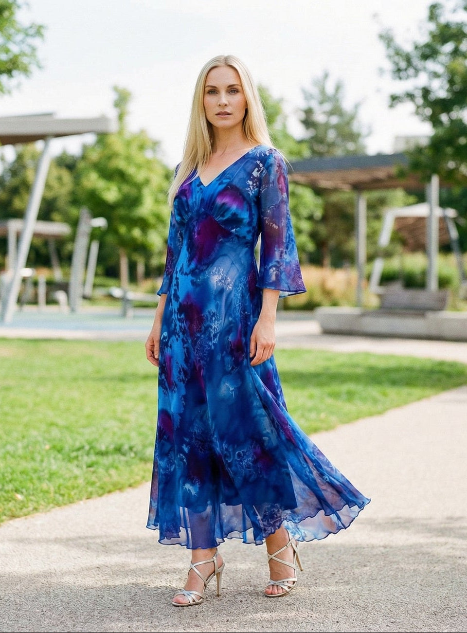 Midnight Watercolor Silk A-Line Maxi Dress
