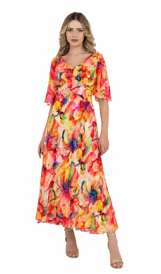 Multicoloured Floral Print Pure Silk Maxi Dress - Lucindas on-line