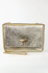Gold Leather Bag with Bee Clasp and Chain Strap