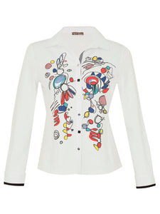 White Button Front Shirt with Abstract Print 73644