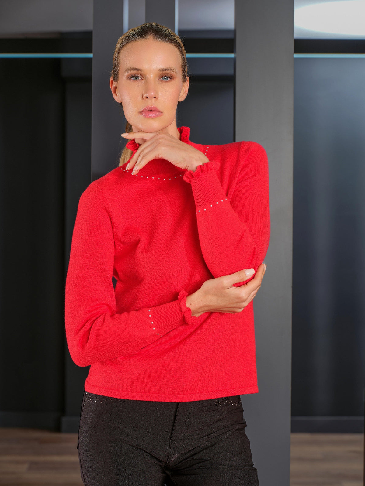 Studded Frill Neck Knit Jumper