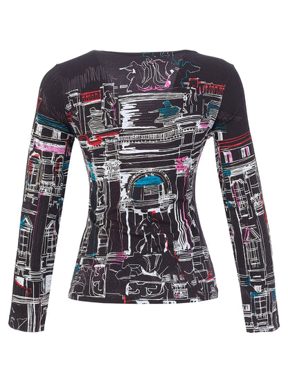 "Trevi" Art Top with Mesh Sleeve Detail