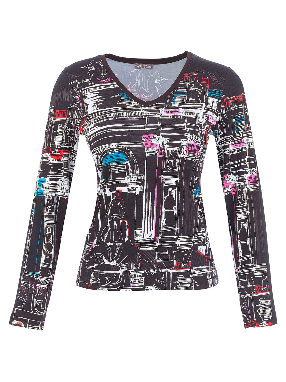 "Trevi" Art Top with Mesh Sleeve Detail
