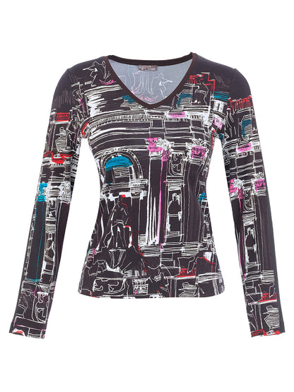 "Trevi" Art Top with Mesh Sleeve Detail